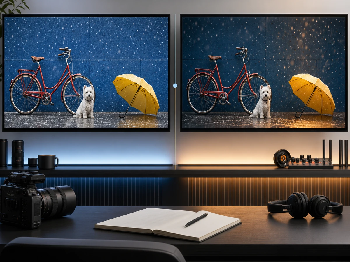 Side-by-side AI video model comparison showing the same red bicycle, white dog, and yellow umbrella scene