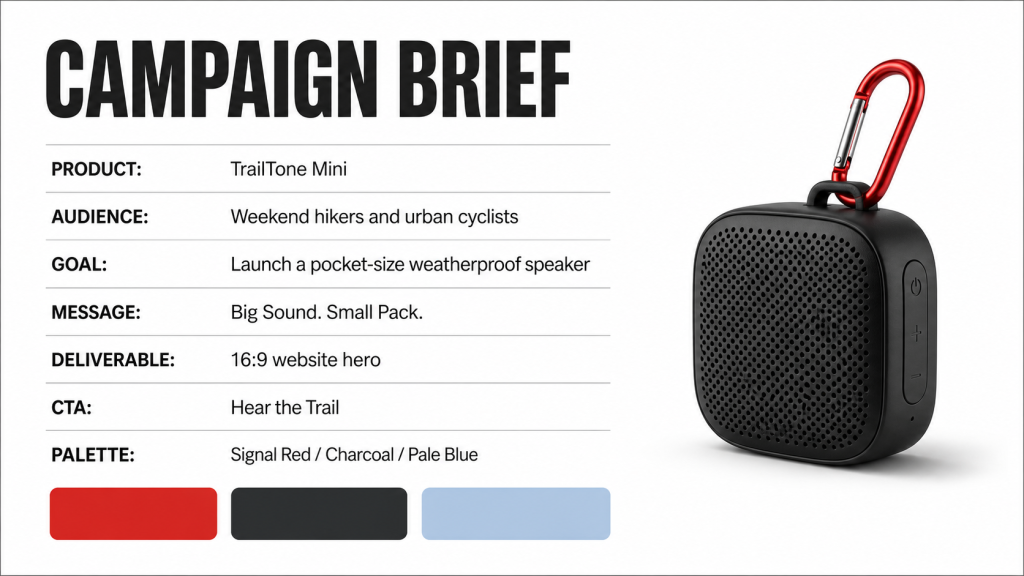 TrailTone Mini outdoor speaker campaign brief used as a Seedream reference image