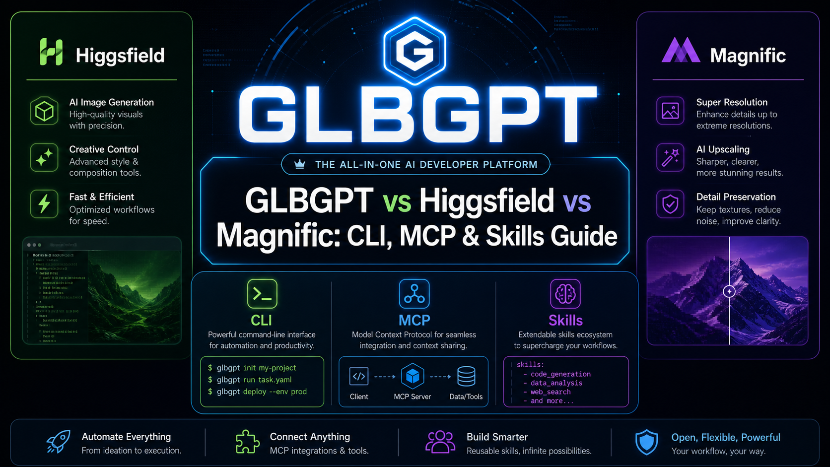 GLBGPT vs Higgsfield vs Magnific: CLI, MCP & Skills Guide