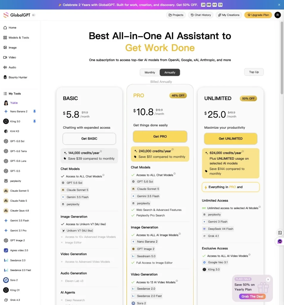 GlobalGPT displayed annual Basic, Pro, and Unlimited plans at $5.80, $10.80, and $25 per month during its July 21 promotion.