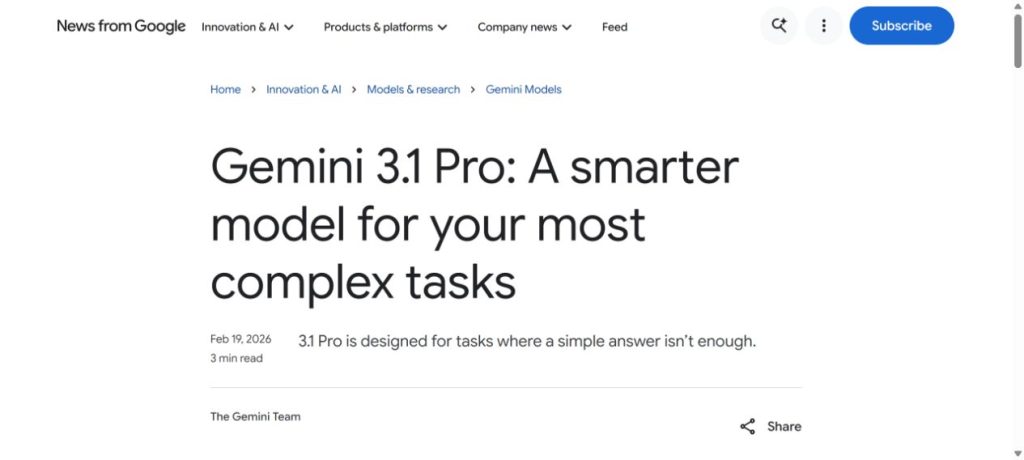 Google official Gemini 3.1 Pro release page showing the February 19, 2026 announcement.