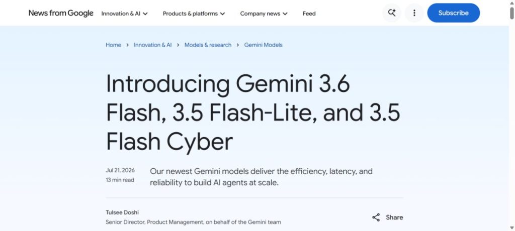 Google official Gemini 3.6 Flash release page showing the July 21, 2026 launch date.