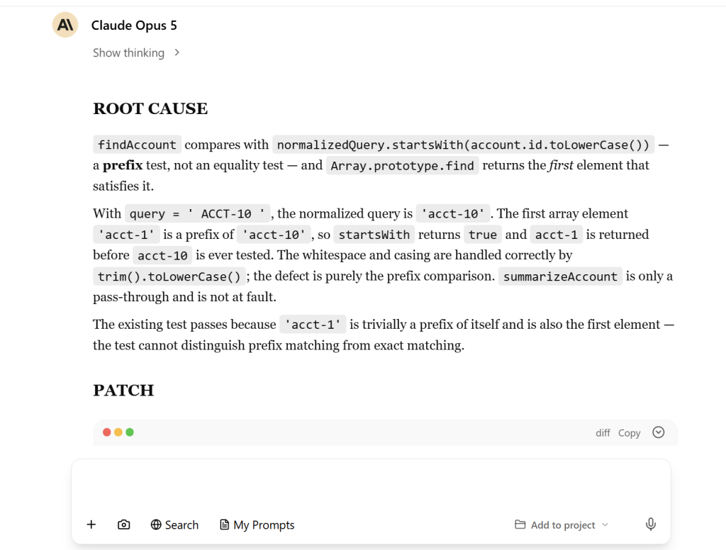 Claude Opus 5 response explaining the prefix-match root cause in the account lookup fixture