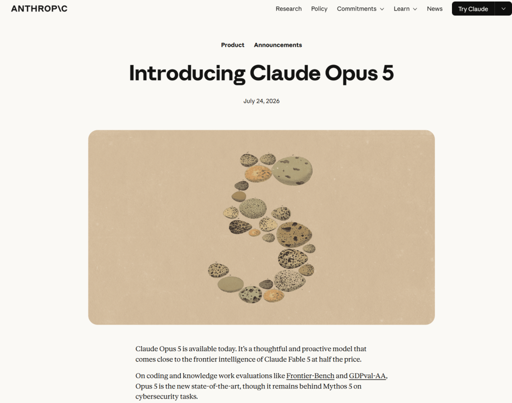 Anthropic announcement showing the Claude Opus 5 title, July 24, 2026 date, and available-today statement