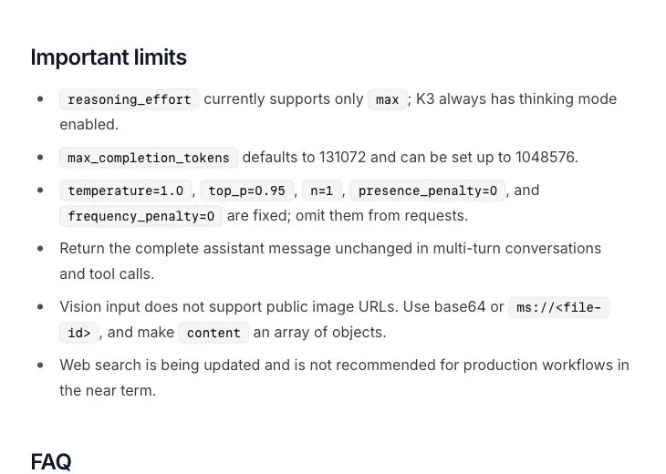 The launch API supports max reasoning only, fixes sampling settings, and warns that web search is being updated.