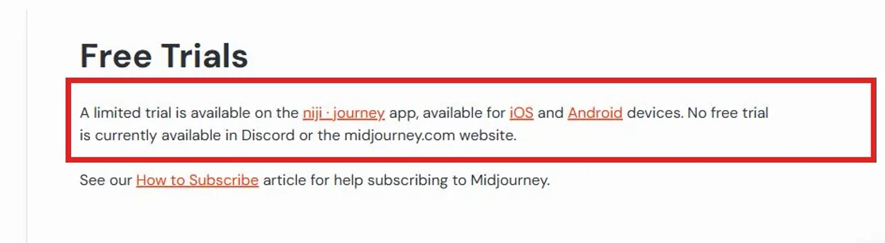 Midjourney official documentation highlighting the limited niji journey mobile trial and no free trial on Discord or Midjourney.com