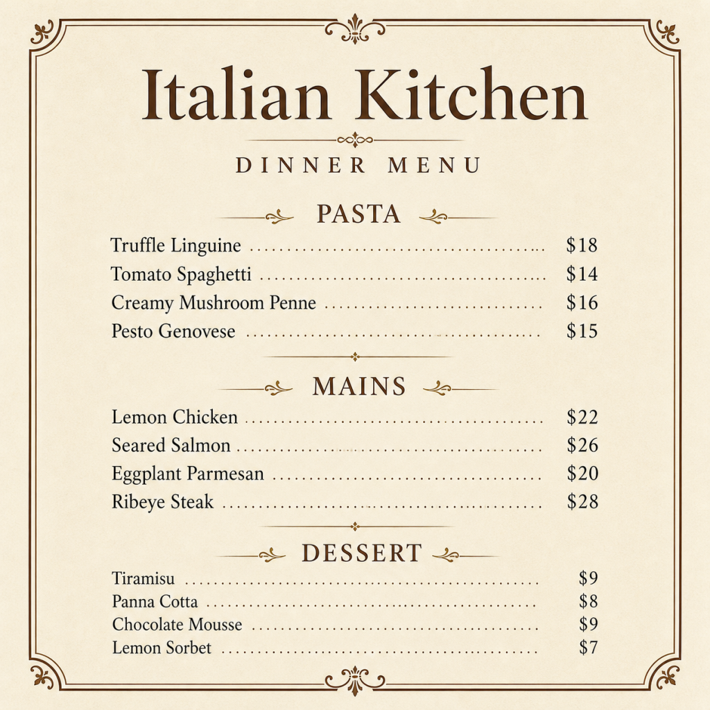 English Italian Kitchen menu used for a four-language Seedream translation test