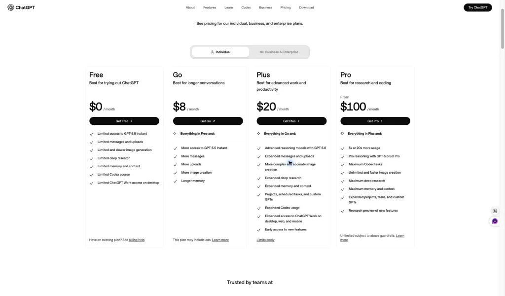 Official screenshot: ChatGPT plan pricing is subscription access, not API token billing.