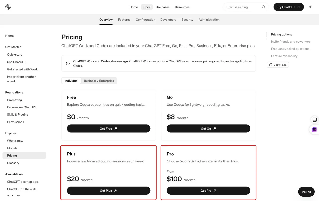 OpenAI Codex consumer plan pricing with Plus and higher-use tiers highlighted