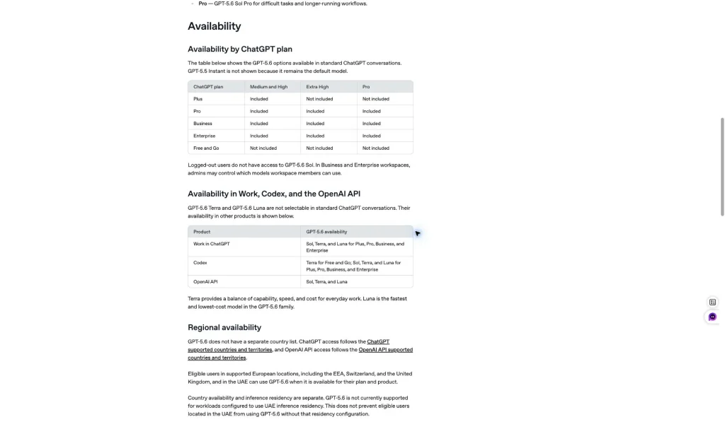 Official screenshot: GPT-5.6 availability differs by ChatGPT plan.