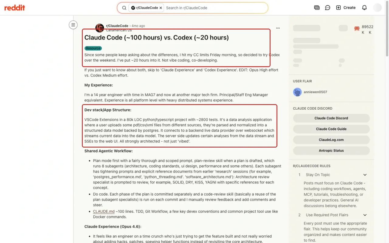 Annotated Reddit experience comparing Claude Code and Codex on an 80,000-line project
