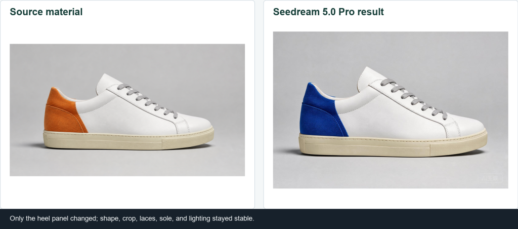 Before and after comparison showing the original sneaker and the Seedream 5.0 Pro cobalt-blue suede heel edit