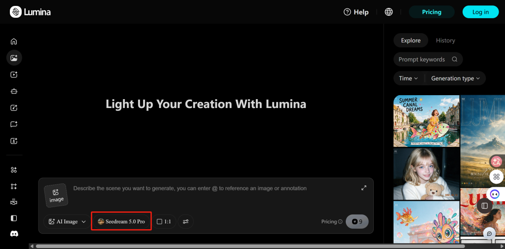 Seedream 5.0 Pro selected in the Lumina image generator