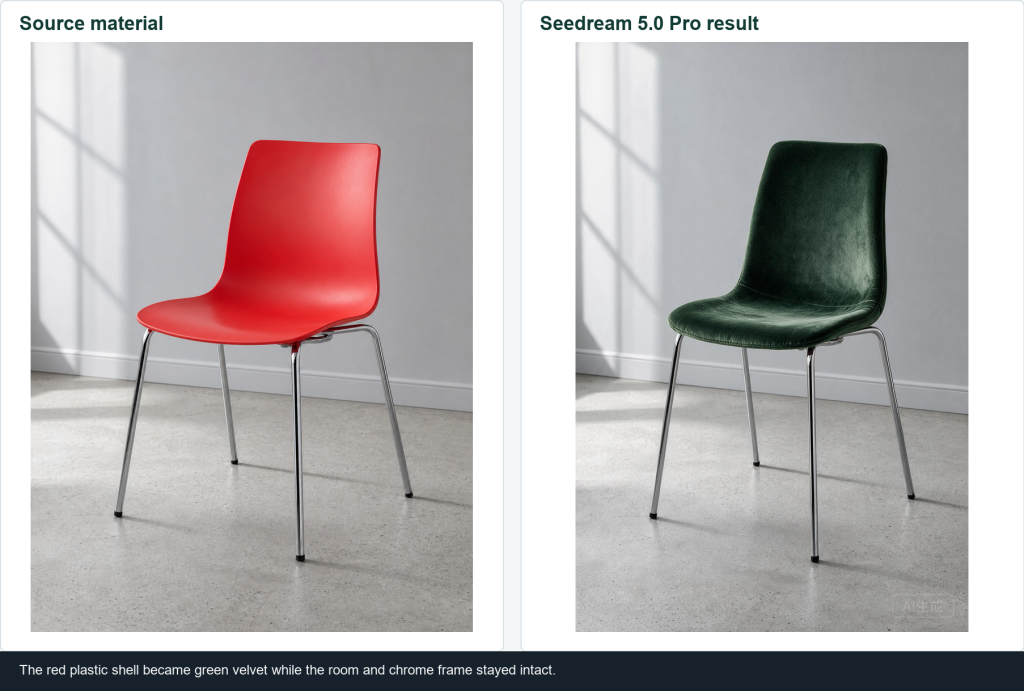 Before and after comparison showing the original red plastic chair and the Seedream 5.0 Pro green velvet material replacement
