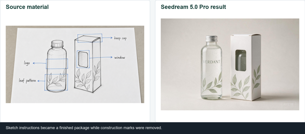 Before and after comparison showing a packaging sketch source image and the Seedream 5.0 Pro finished VERDANT package result