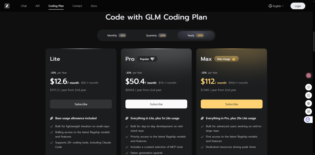 หน้าสมัครสมาชิก Z.AI GLM Coding Plan ที่แสดงราคาแบบรายปีของแพ็กเกจ Lite, Pro และ Max