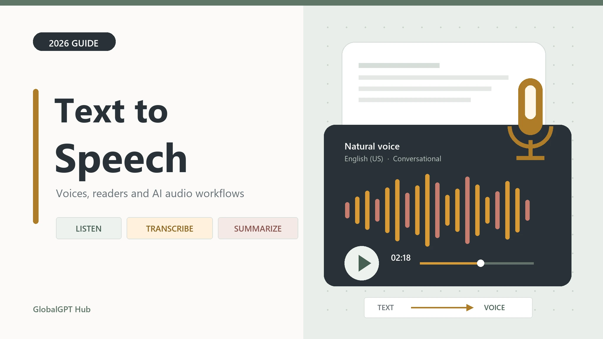 Text to speech guide with a document, voice waveform, microphone, and AI audio workflow