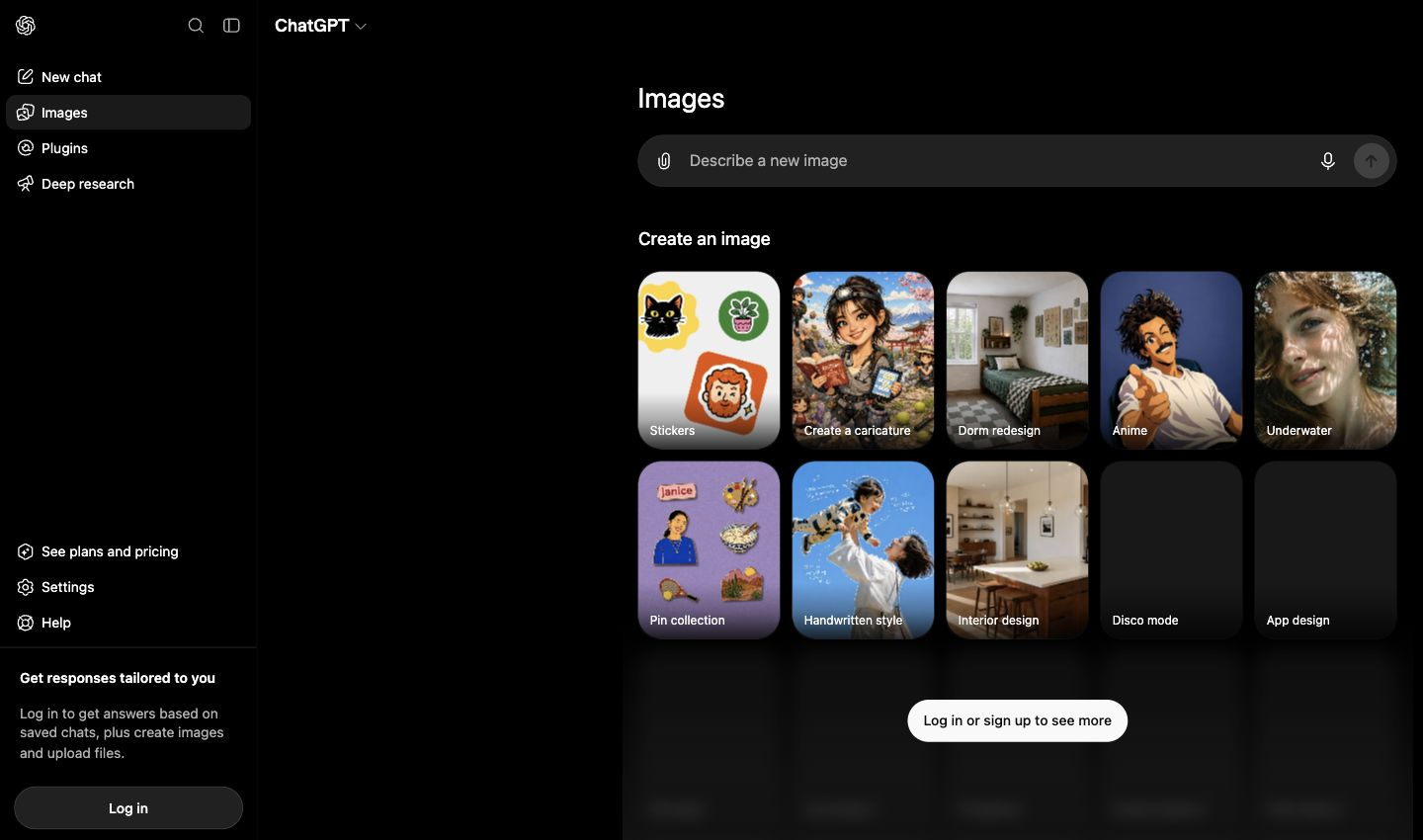 Current logged-out ChatGPT Images workspace and image creation entry