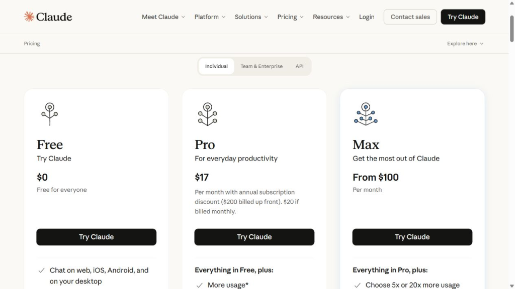 Claude official pricing page showing Free, Pro and Max plans