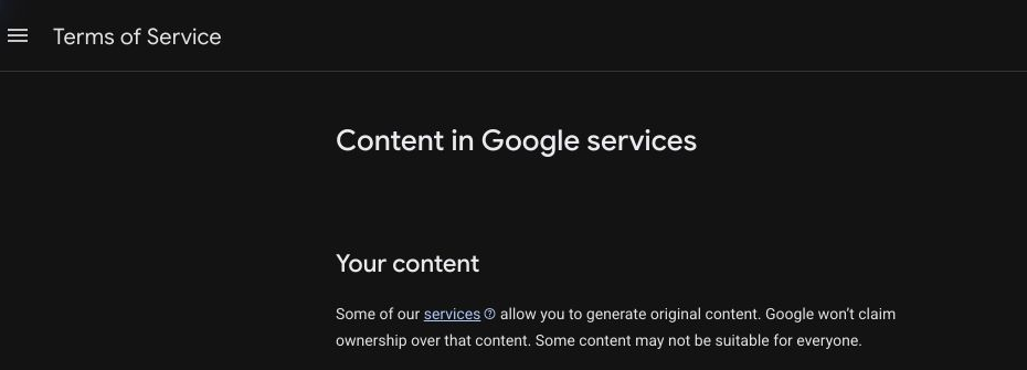 Google Terms section stating Google does not claim ownership over generated original content