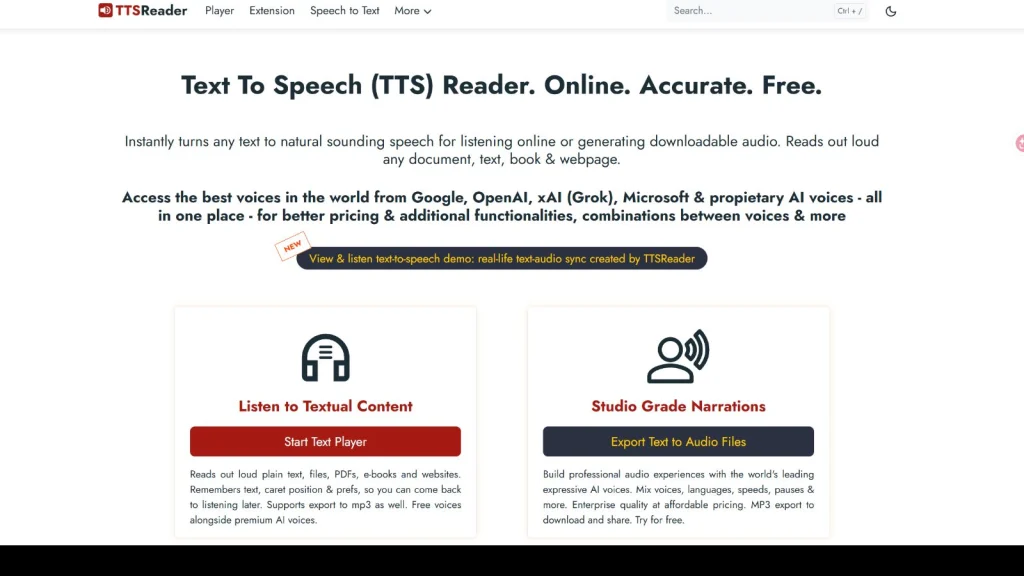 TTSReader online text to speech player and audio export options