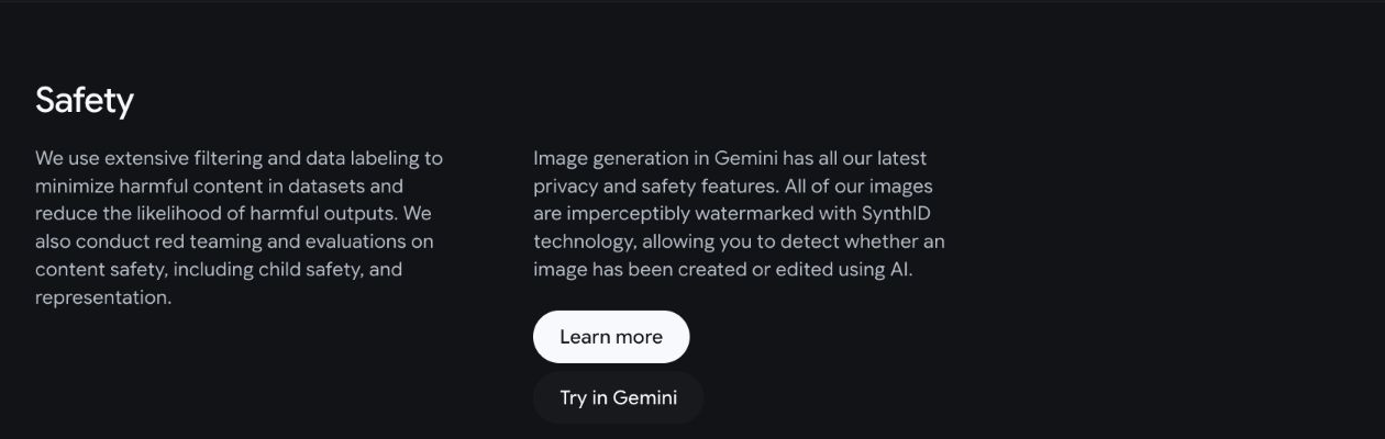 Google DeepMind safety section explaining invisible SynthID watermarking
