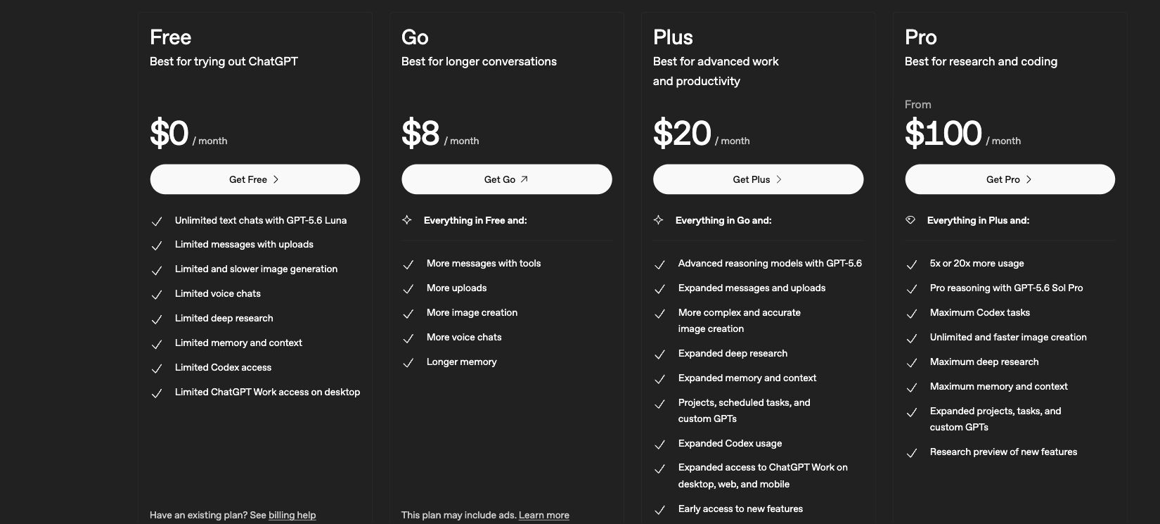ChatGPT Free, Go, Plus, and Pro prices and image-generation features