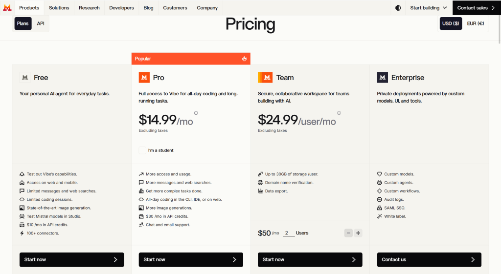 Mistral pricing page showing Free, Pro, Team and Enterprise plans without a cookie overlay