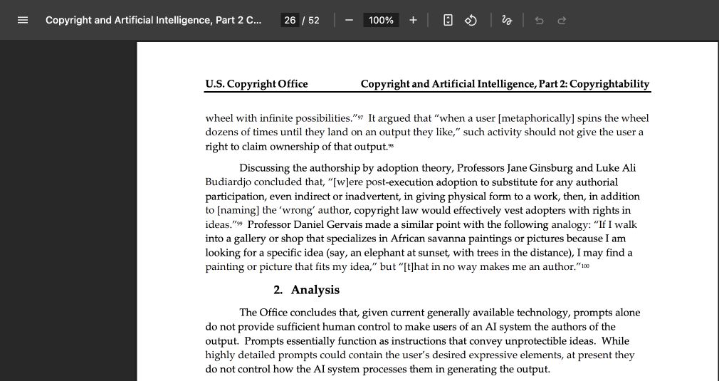 U.S. Copyright Office report explaining human control and AI-generated material
