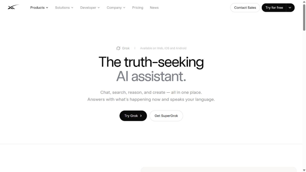 English xAI Grok product page with Try Grok and Get SuperGrok options