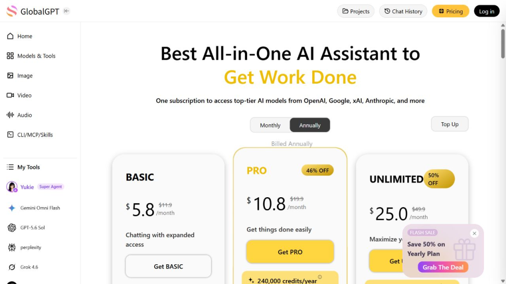 GlobalGPT pricing page showing Basic, Pro and Unlimited annual plans