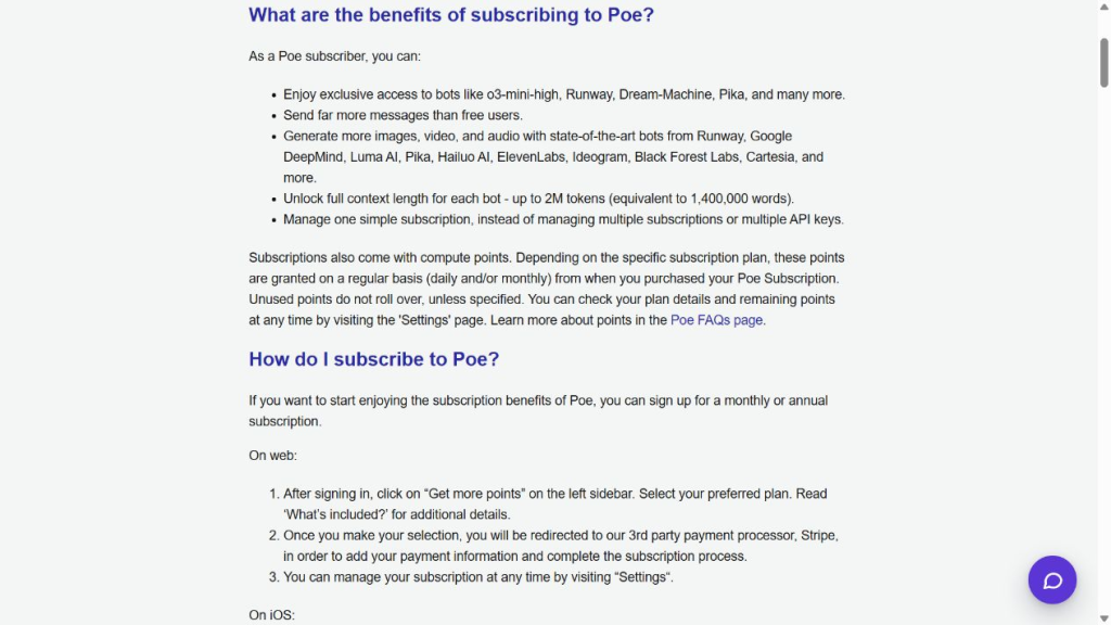 Poe English Help Center explaining subscription benefits and monthly or annual plans