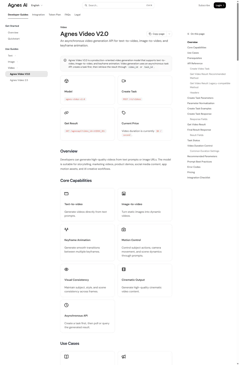 Official Agnes Video V2.0 documentation showing the current zero dollar per second price and supported video generation modes