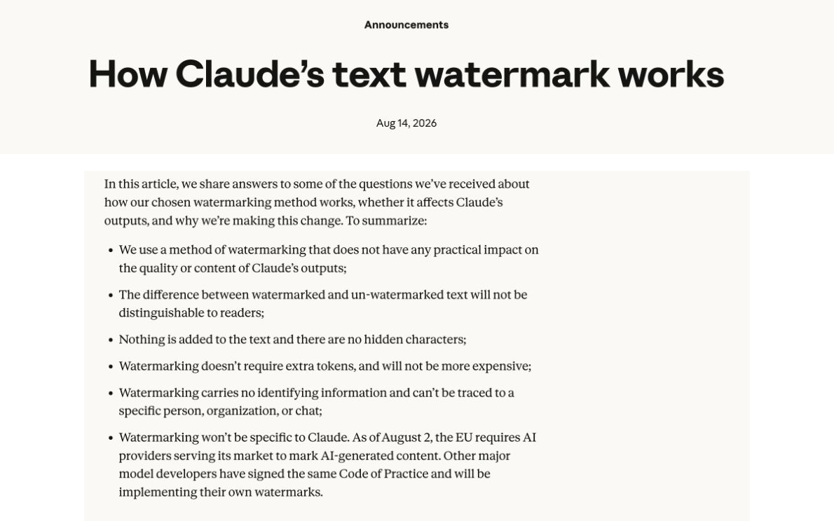 Anthropic announcement explaining how the Claude text watermark works