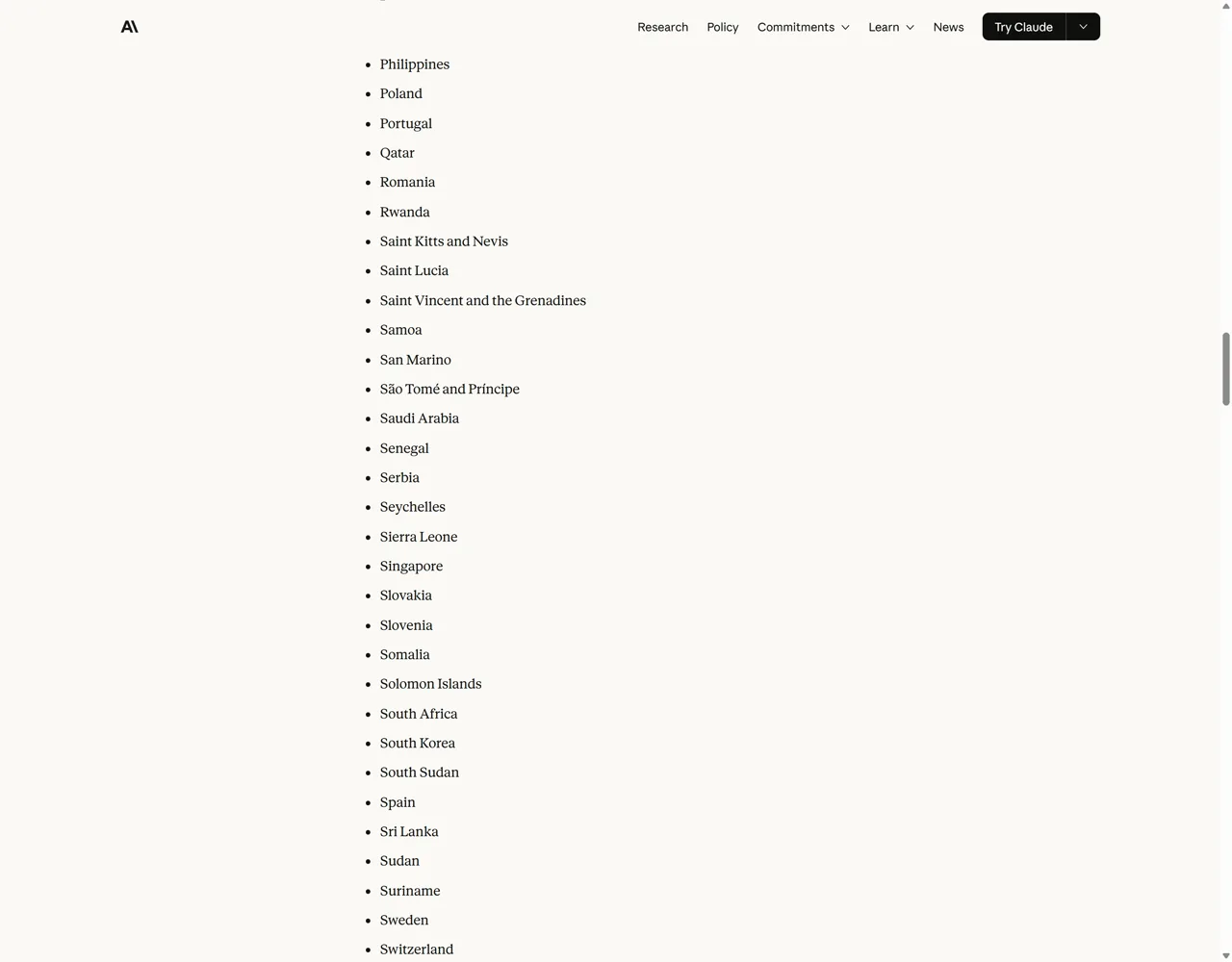 Anthropic supported countries page showing South Africa in the Claude.ai and commercial API access list
