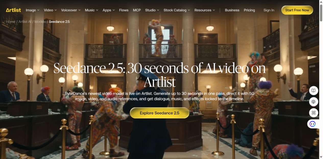 Artlist official Seedance 2.5 model page with 30-second generation and multimodal references