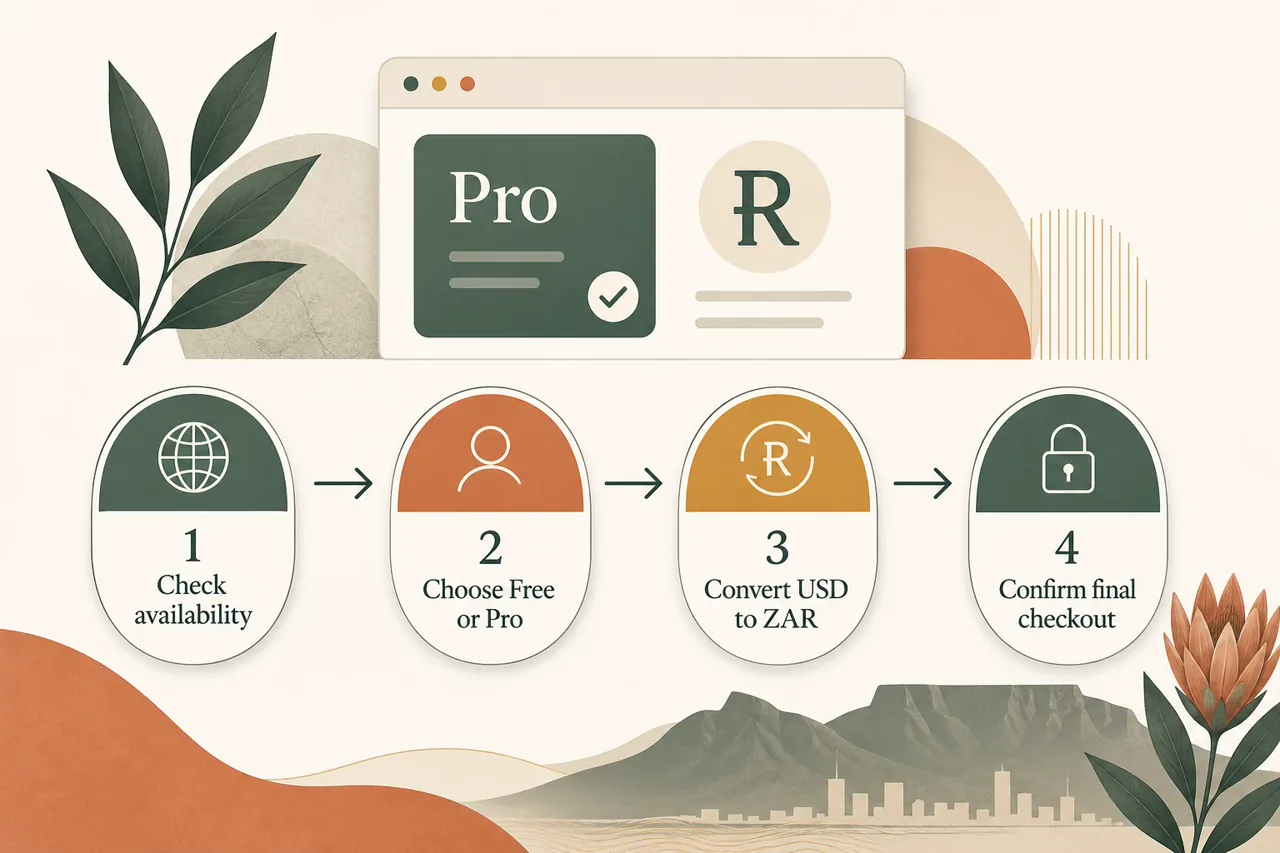 Four-step guide for checking Claude availability, choosing a plan, converting USD to ZAR and confirming checkout