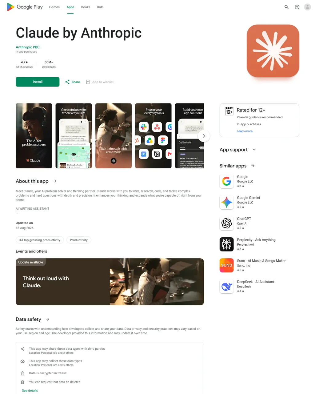 Claude by Anthropic Google Play listing for South Africa with app rating, review count and downloads