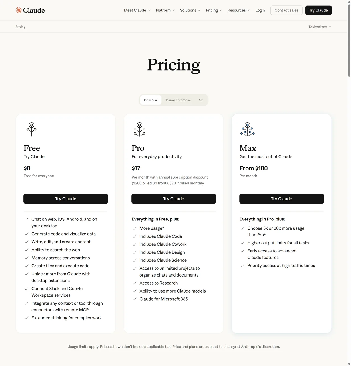 Claude pricing page with Free, Pro and Max plan cards