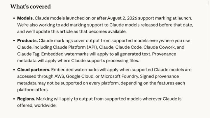 Claude Help coverage list for AI-generated content marking