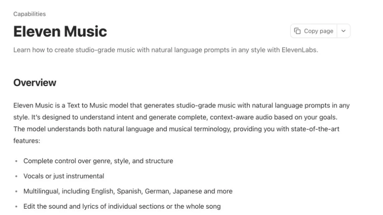 Documentation ElevenLabs présentant les commandes de conversion de texte en musique et les fonctionnalités d'édition d'Eleven Music