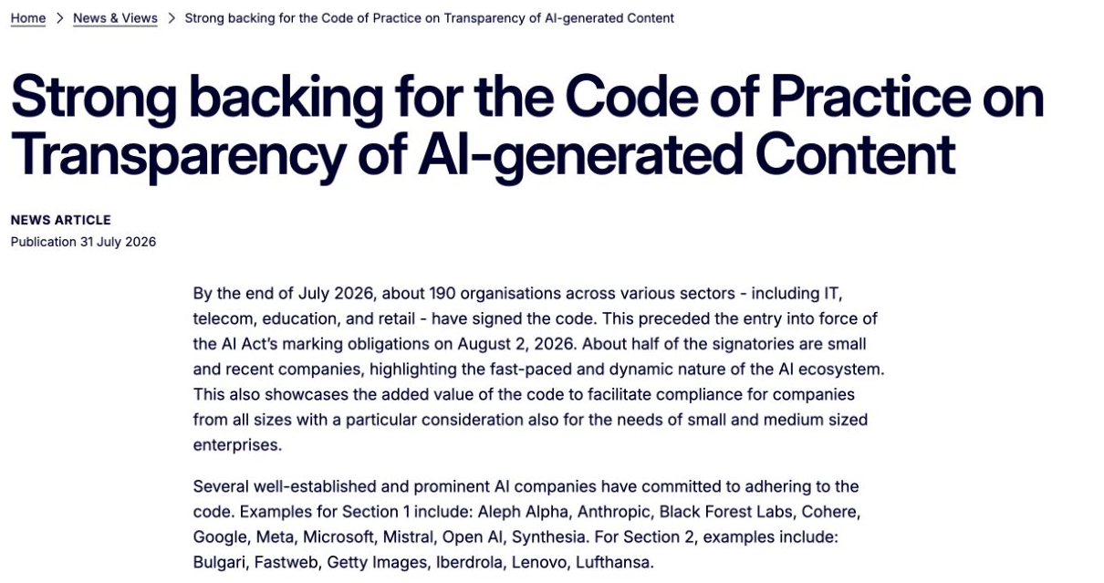 EU transparency code page describing AI-generated content obligations