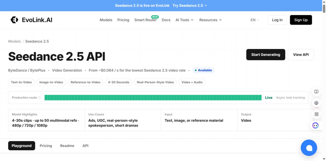 EvoLink official Seedance 2.5 API page with playground and dollar estimate
