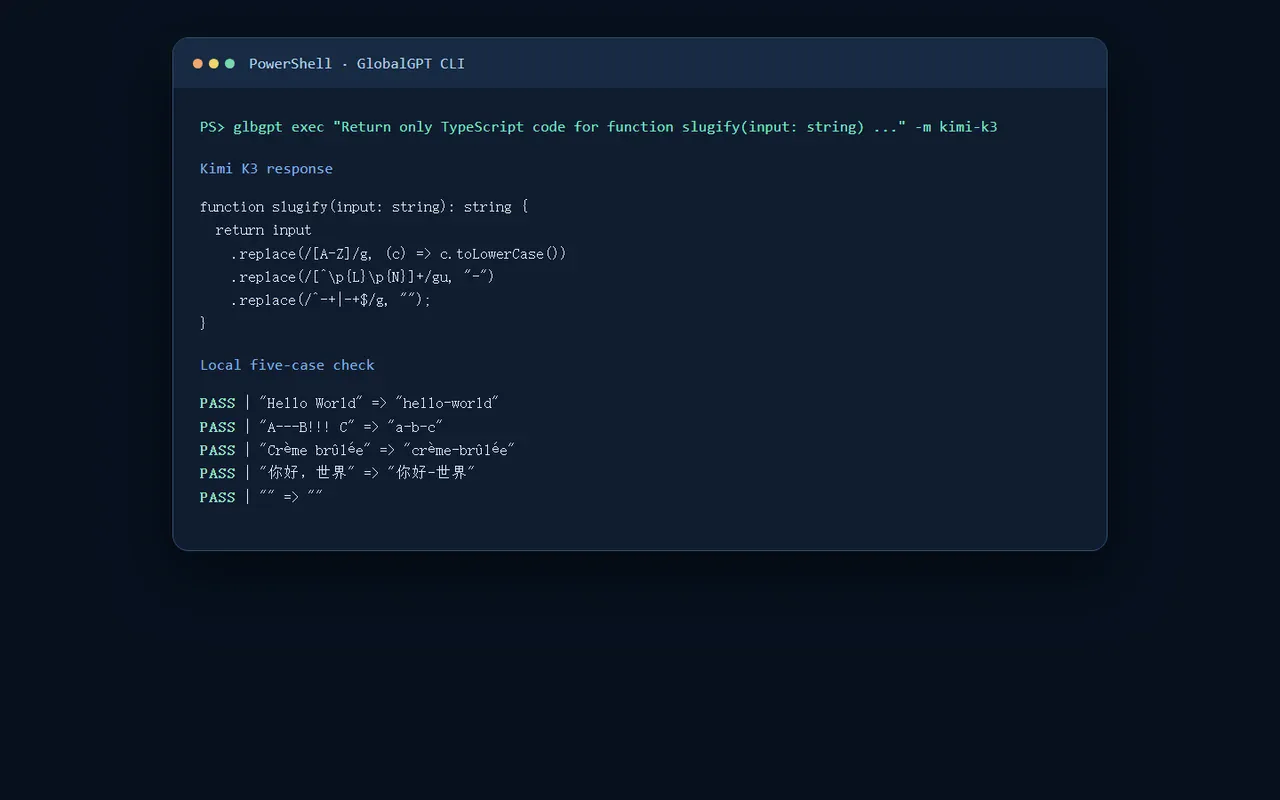GlobalGPT Kimi K3 CLI output and five local slugify tests passing
