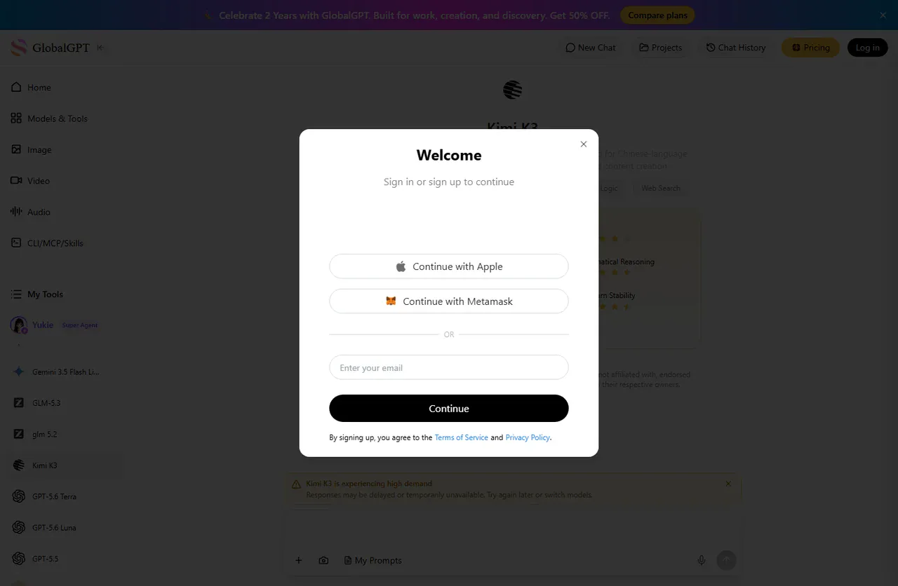 GlobalGPT Kimi K3 product entry page