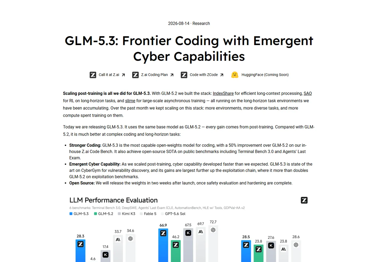 Official GLM-5.3 launch page showing the model's coding positioning