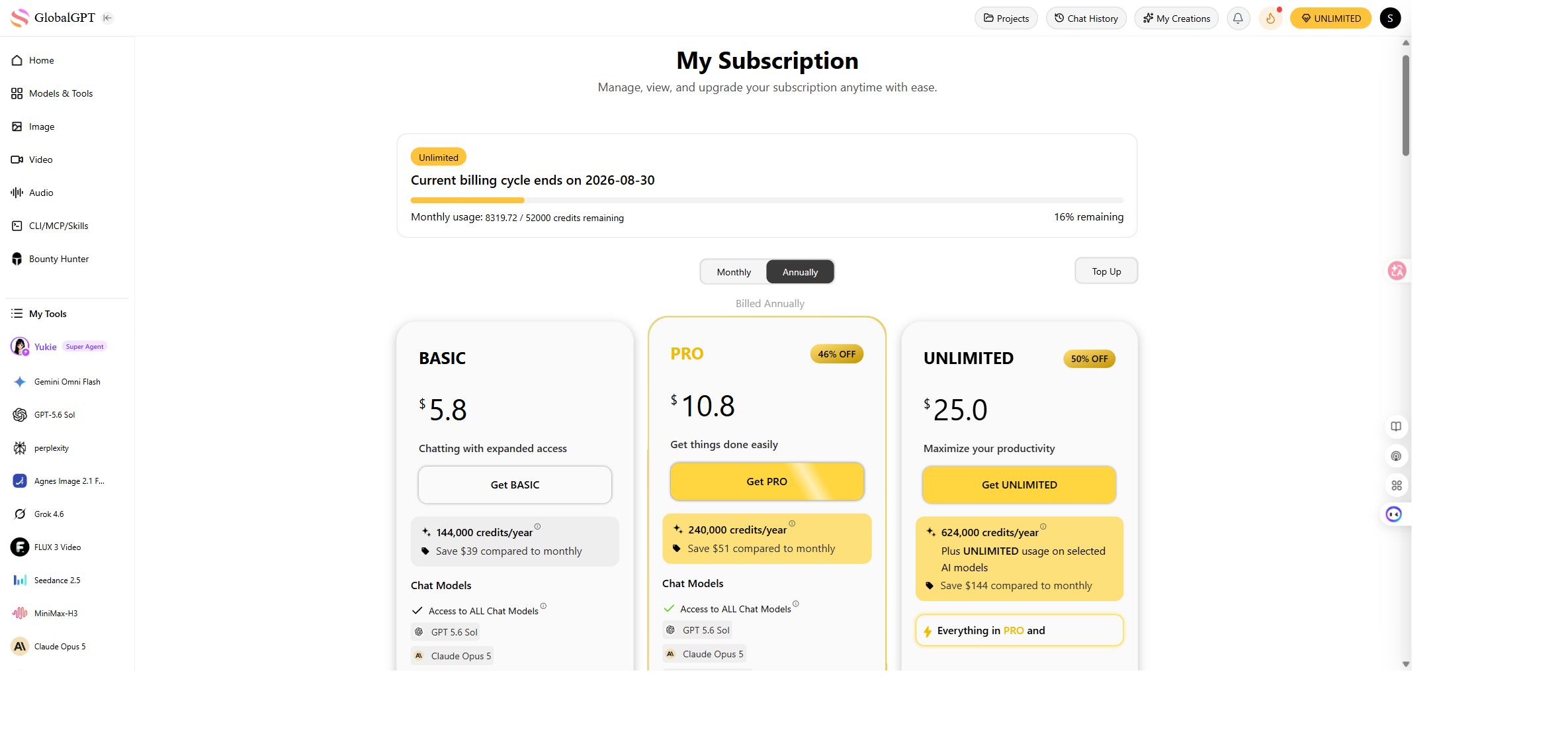 Fully loaded GlobalGPT annual Basic Pro and Unlimited pricing cards