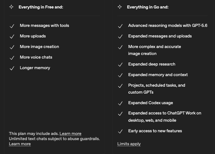 Vorteile und Einschränkungen von ChatGPT Go und Plus, aufgeführt unter OpenAI
