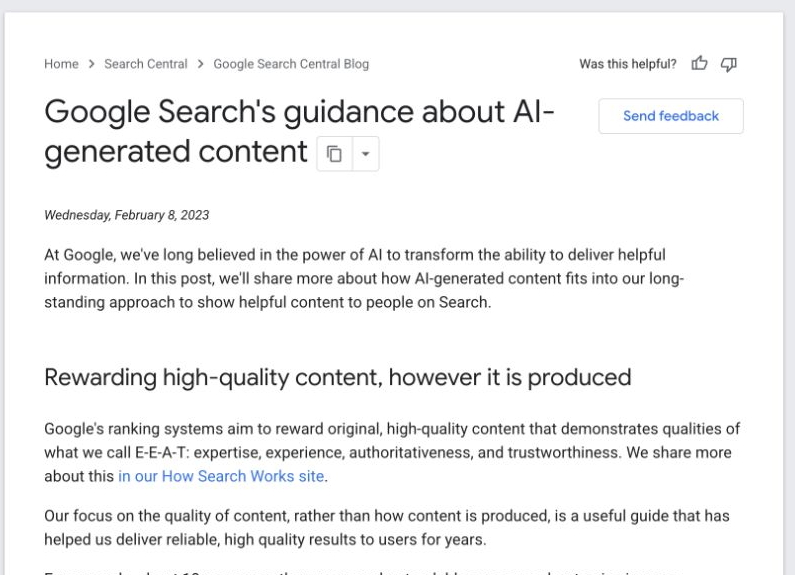 Google Search guidance on AI-generated content quality