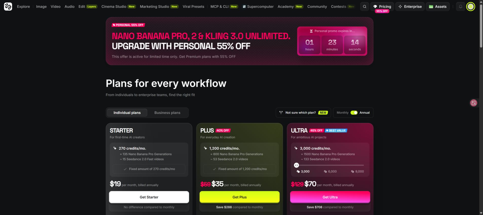 Fully loaded Higgsfield Starter Plus and Ultra pricing cards